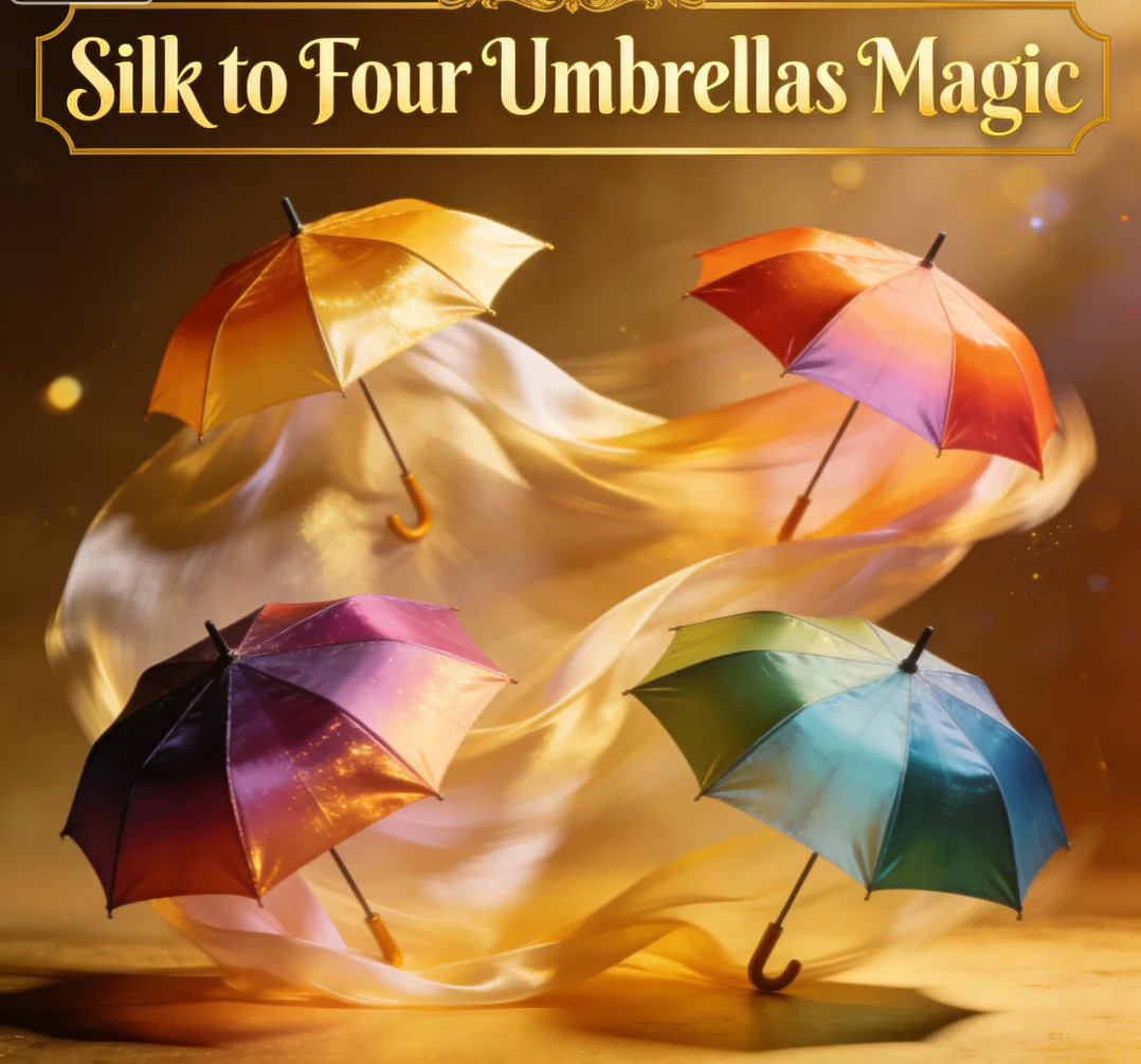 Silk to Four Umbrellas Magic Trick – Stage Comedy Magic Scarves Transformation Classic Magia Gimmick Props Close-Up and Stage