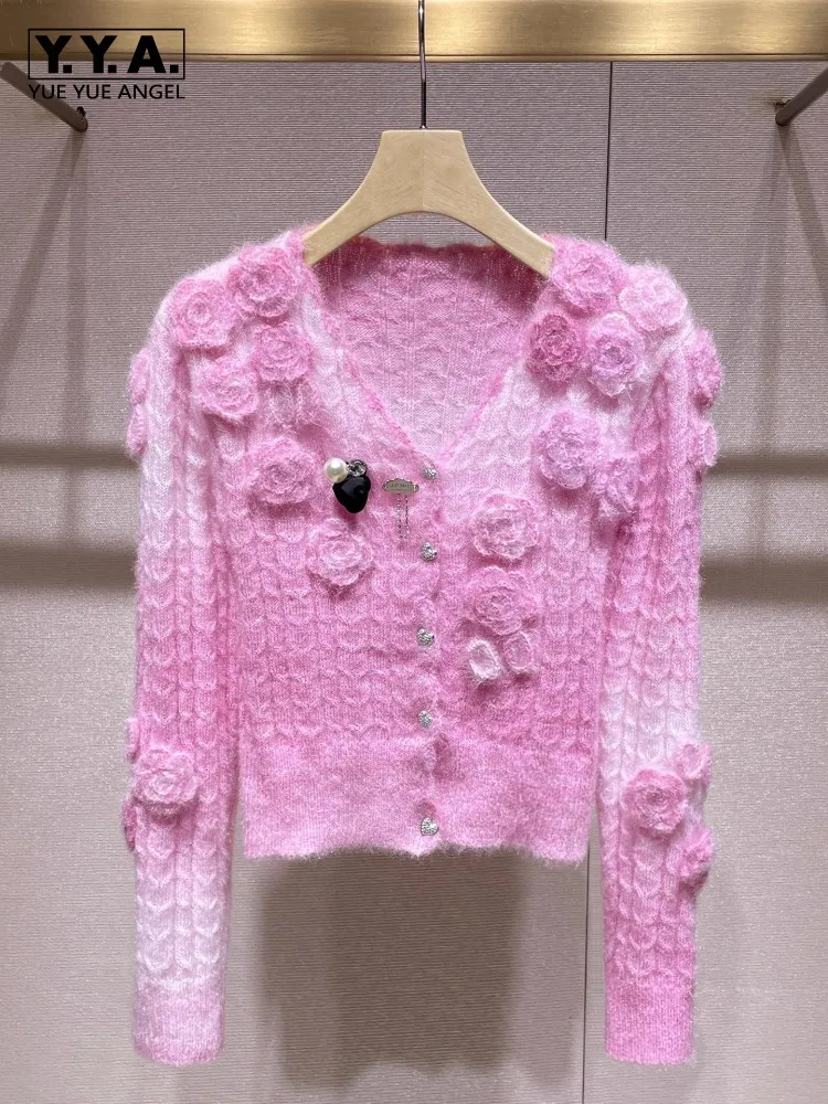 

Chic Crochet Flower Women Knitted Cardigan Lady Sweet Sweater Autumn V-Neck Single Breasted Knitwear Top Long Sleeve Short Coat