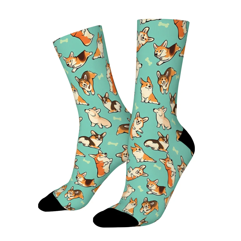 Retro Jolly Corgis In Green Men's Socks Corgi Dog Animal Unisex Street Style Seamless Printed Happy Crew Sock Gift