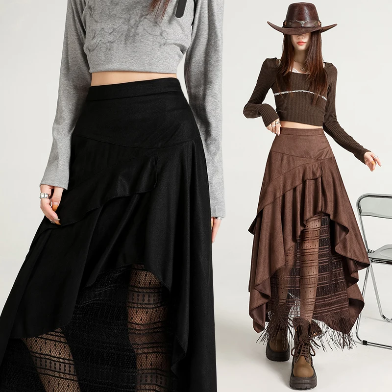 

High Waist A-Line Long Skirt Women's Suede Lace Patchwork Asymmetrical Autumn Winter New Sle Versatile Commute Skirt