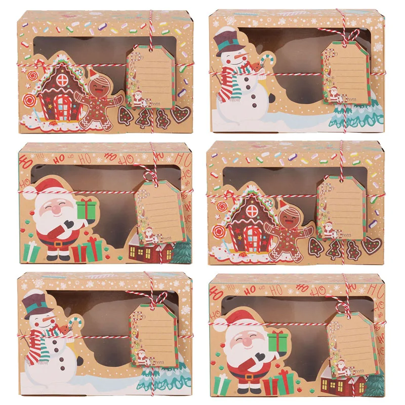 Cajas de galletas de Navidad con ventana, caja de regalo de papel Kraft, cajas de dulces de panadería de alimentos, recuerdos de fiesta de Navidad, decoración de Papá Noel, 6/3 piezas