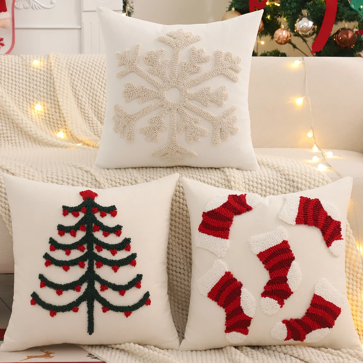 Getufteter Kissenbezug, Weihnachtsdekoration, Leinwand, Weihnachtsbaum, Schneeflocke, Socken, Winter, Bauernhaus, Zuhause, Sofa, Wohnzimmer