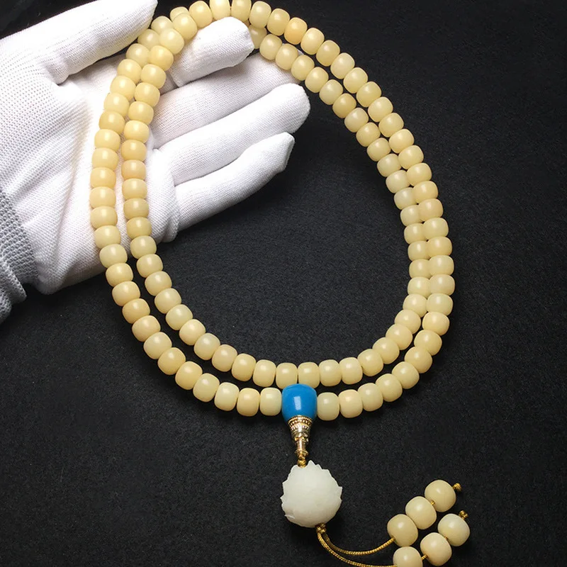 Light yellow jade-like Bodhi root barrel bracelet, lightly weathered color Buddhist beads, decorative pendant necklace 8*1