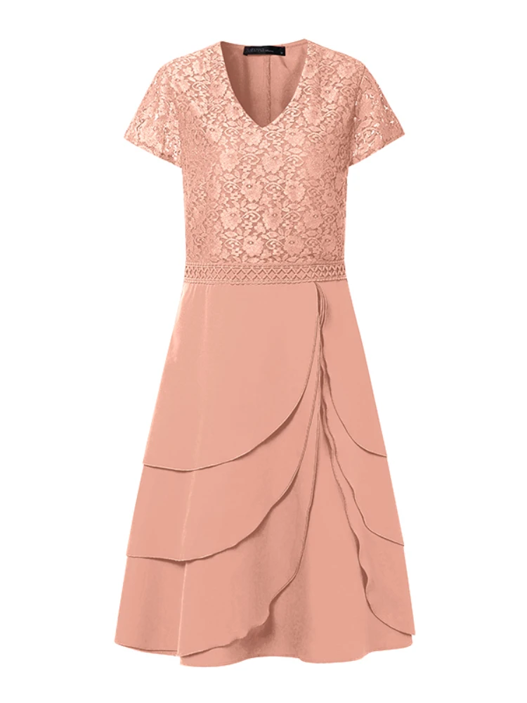 ZANZEA 2025 Elegante V-hals Feestjurk Vrouwen Stijlvolle Kant Patchwork Jurken Korte Mouw Werk Zonnejurk Solid Midi Vestido Gewaad