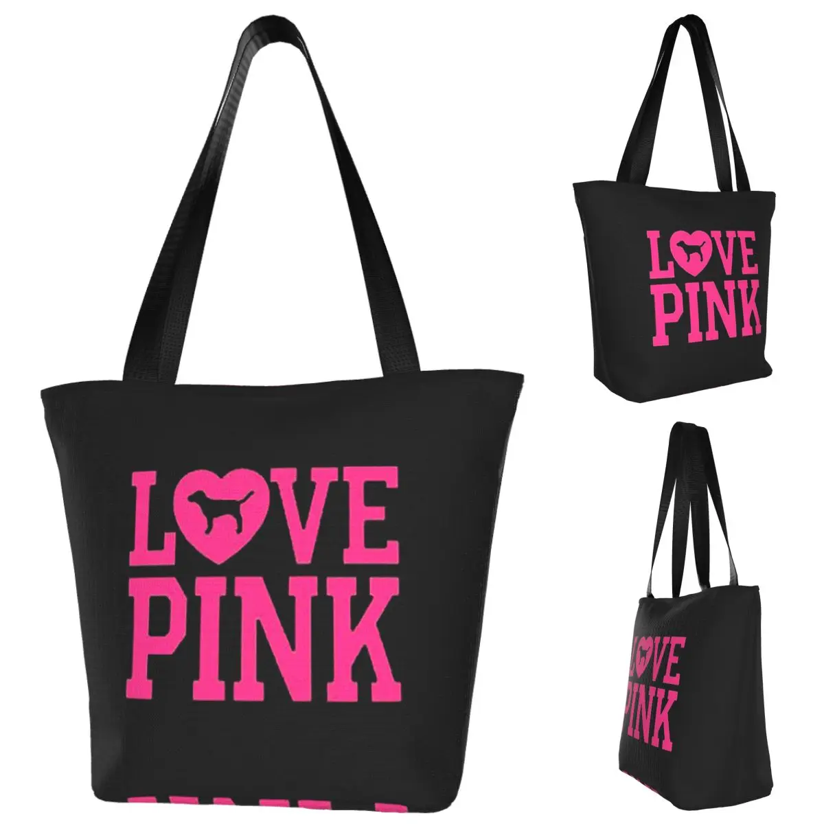 

Love Pink Shopping Tote Bag Canvas Large Capacity Shoulder Bags Shopper Grocery Handbag for Women