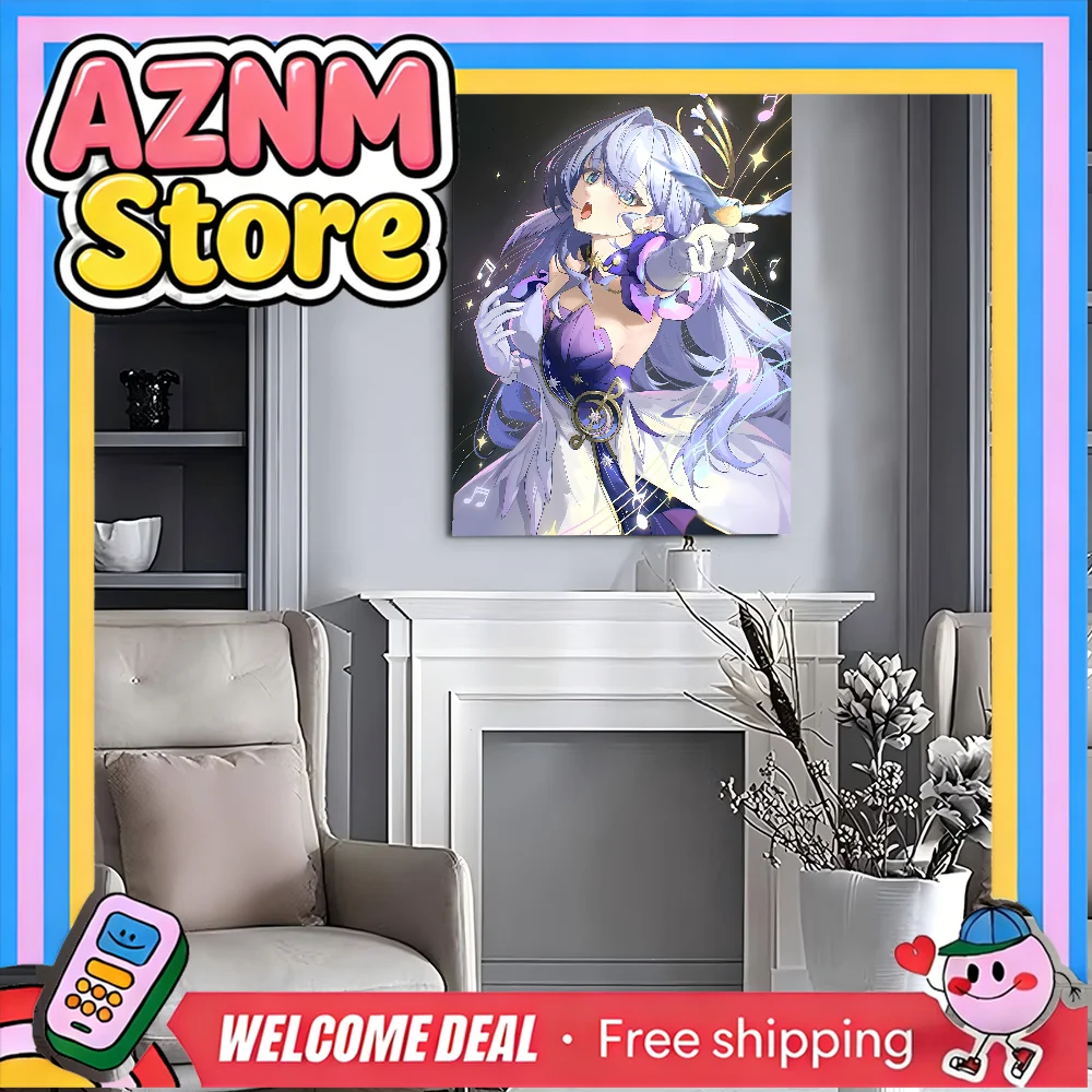 AZNM Honkai: Star Rail Robin Frameless Canvas Wall Art - Elegant Starry Sky Singer Character Poster with Bird and Musical Not