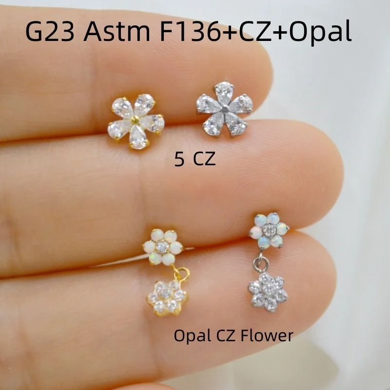 

10pcs G23 Titanium Astm F136 Flower CZ Opal Lip Labret Ring Bar Ear Cartilage Helix Rook Tragus Studs 16G Body Piercing Jewelry