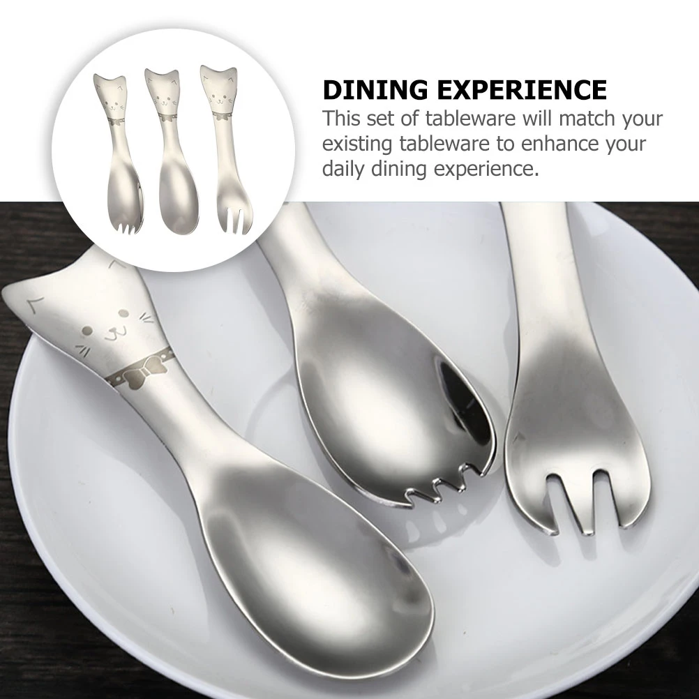 

3pcs Stainless Fork Spoon Home Fork Spoon Set Kids Ice Cream Spoons Cat Design Home Hotel Tableware (Silver)