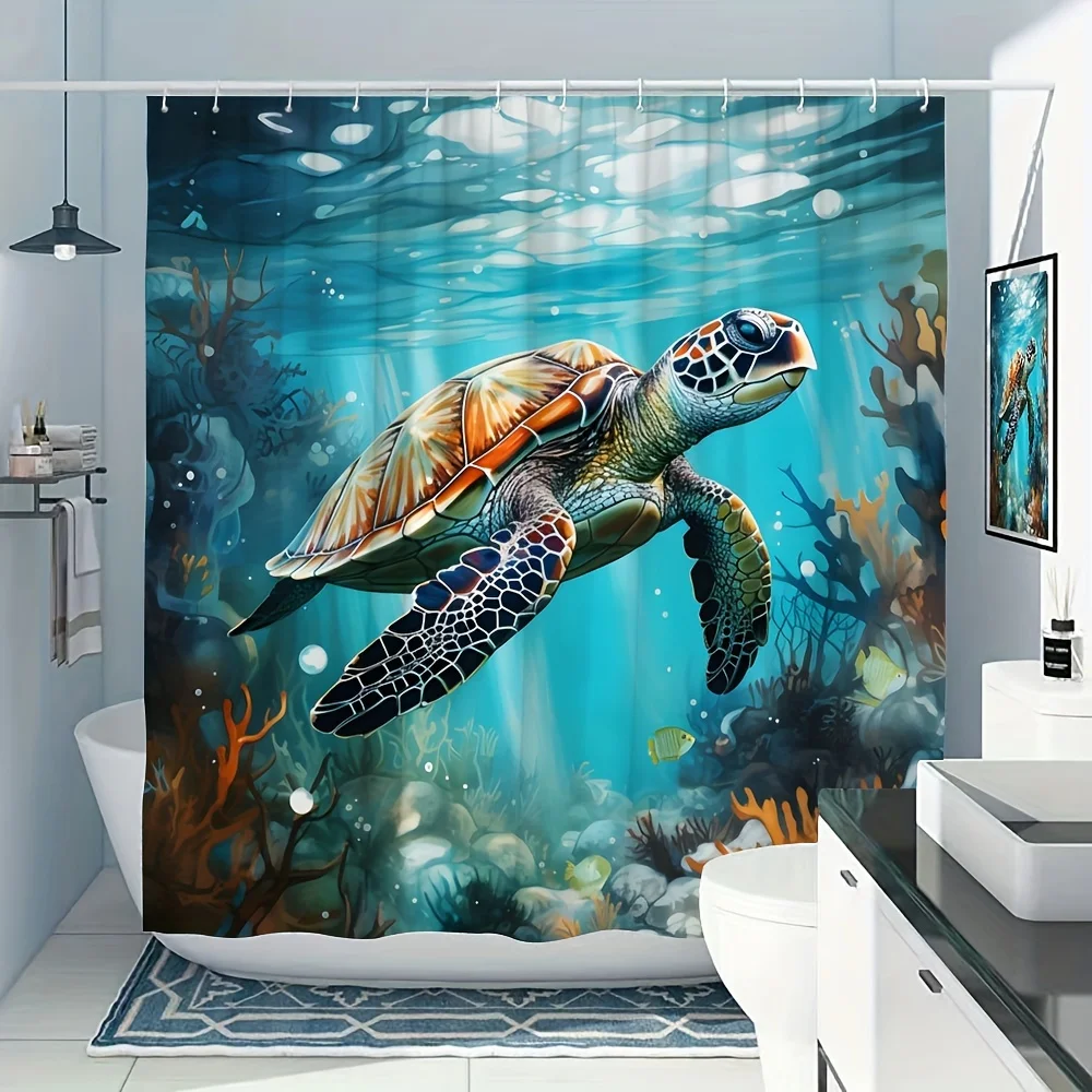 

Ocean Turtle Watercolor Art Shower Curtain - Underwater World Landscape, Washable Polyester with Hooks Included, Blue Bathroom