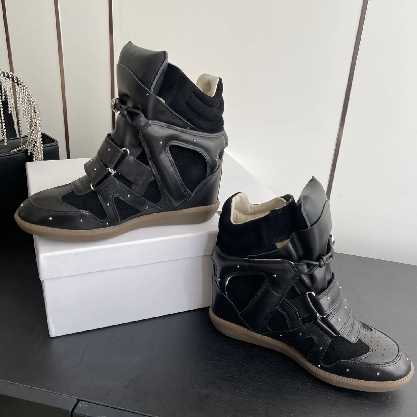 Women Leather Suede Wedge Sneakers Velcro Straps High-top Style Hidden Wedge Heel Shoes