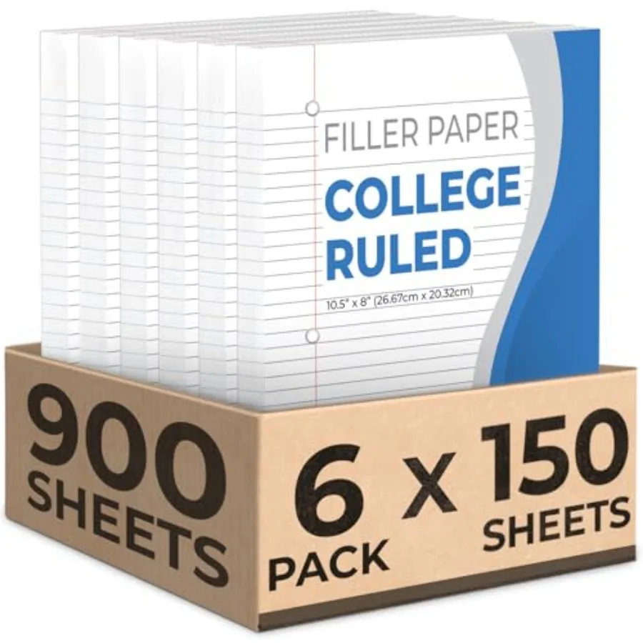 

Loose Leaf Paper, 900 Sheets,,College Ruled, 8" x 10.5", Bulk Office Filler Paper, 3 Hole Punched, 150 Sheets/Pack, College Rul