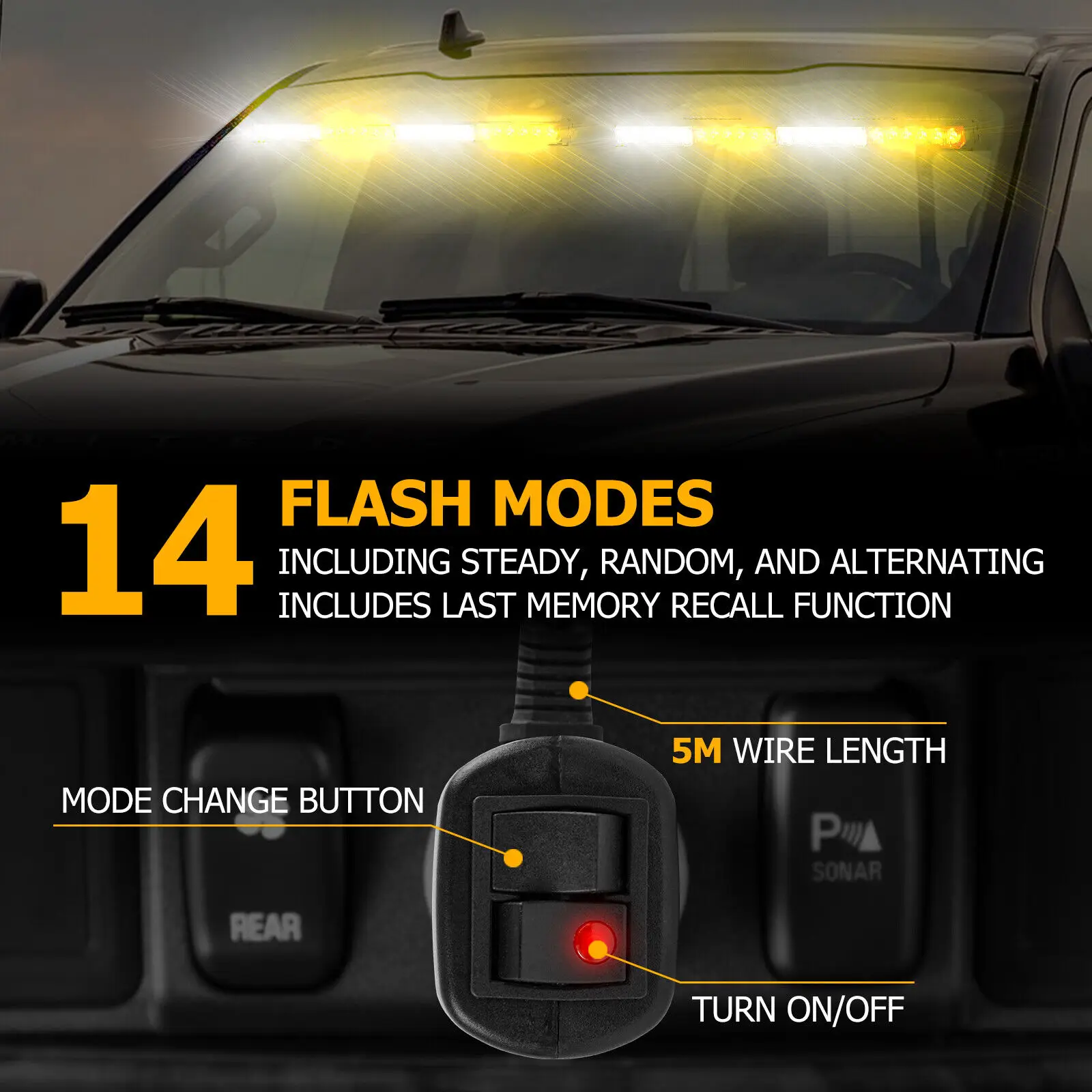 2 x White Yellow LED Windshield Strobe Light Emergency Flash Warning Lamp Memory