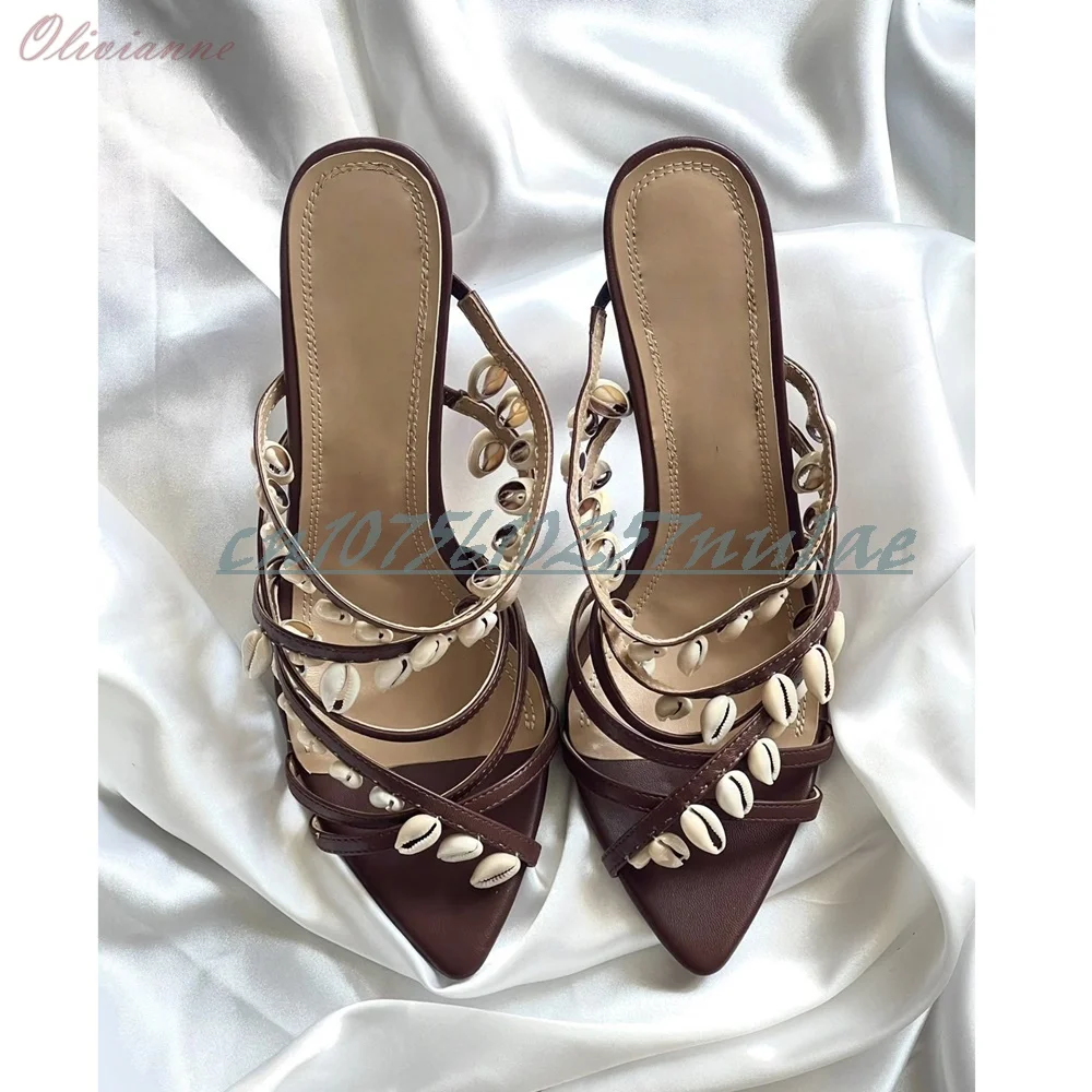 

Coffe Shell Chain Decor Hollow Slippers Matte Leather Many Hollow Belts Stiletto High Heel Party 2025 Women Shoes Para Mujere