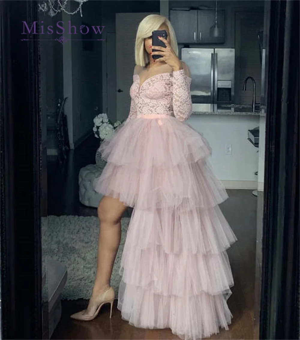 MisShow High Low Tulle Skirt Tiered Ruffle Asymmetrical Prom Skirts Punk Mesh Gown Under Petticoat Casual Party Outfit