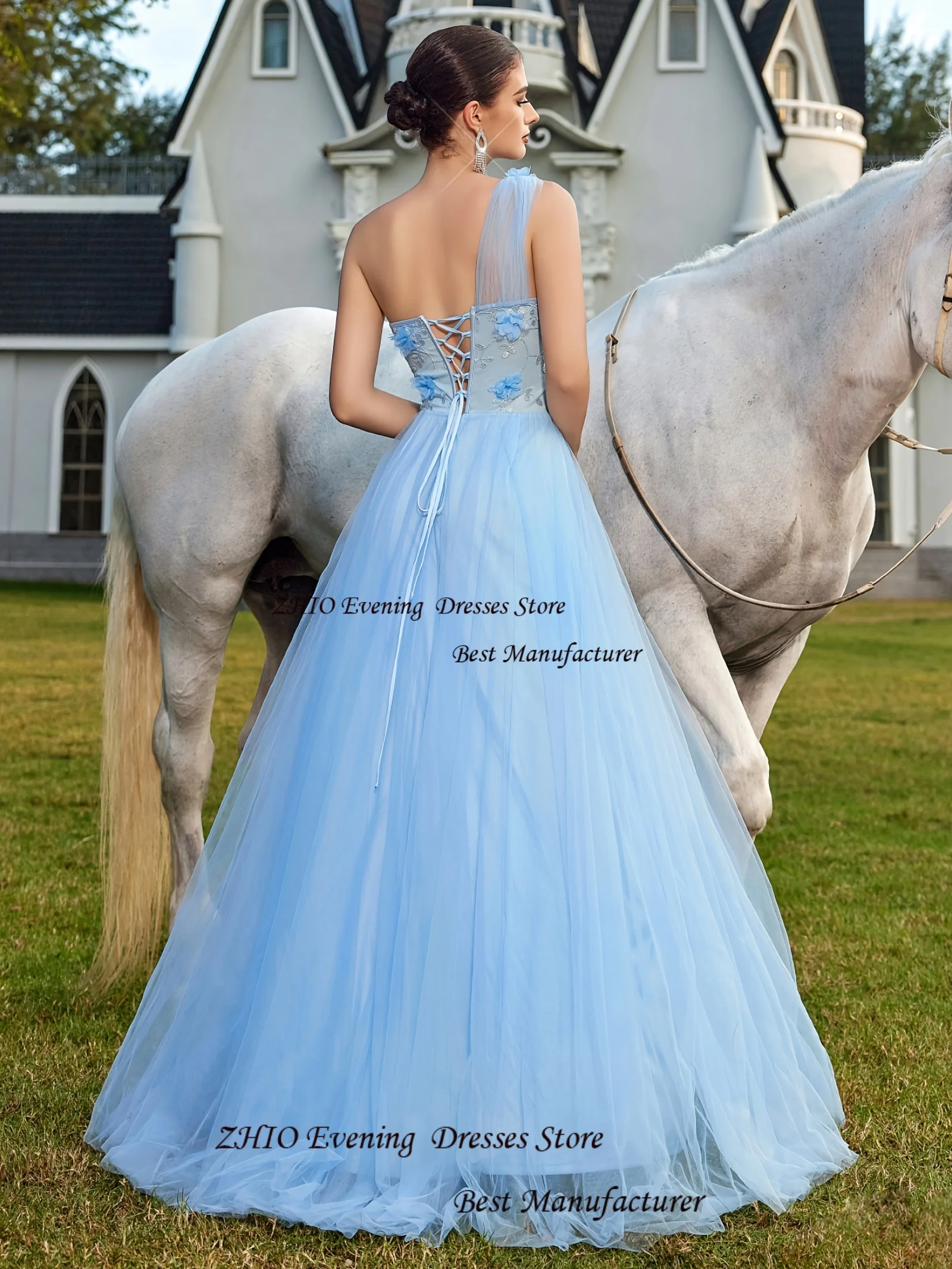 ZHIO セクシーなチュール モダンフラワー ストラップレス チュール 非対称フォーマルドレス ワンショルダー ハイスリット プロムドレス バックレス フロアレングス