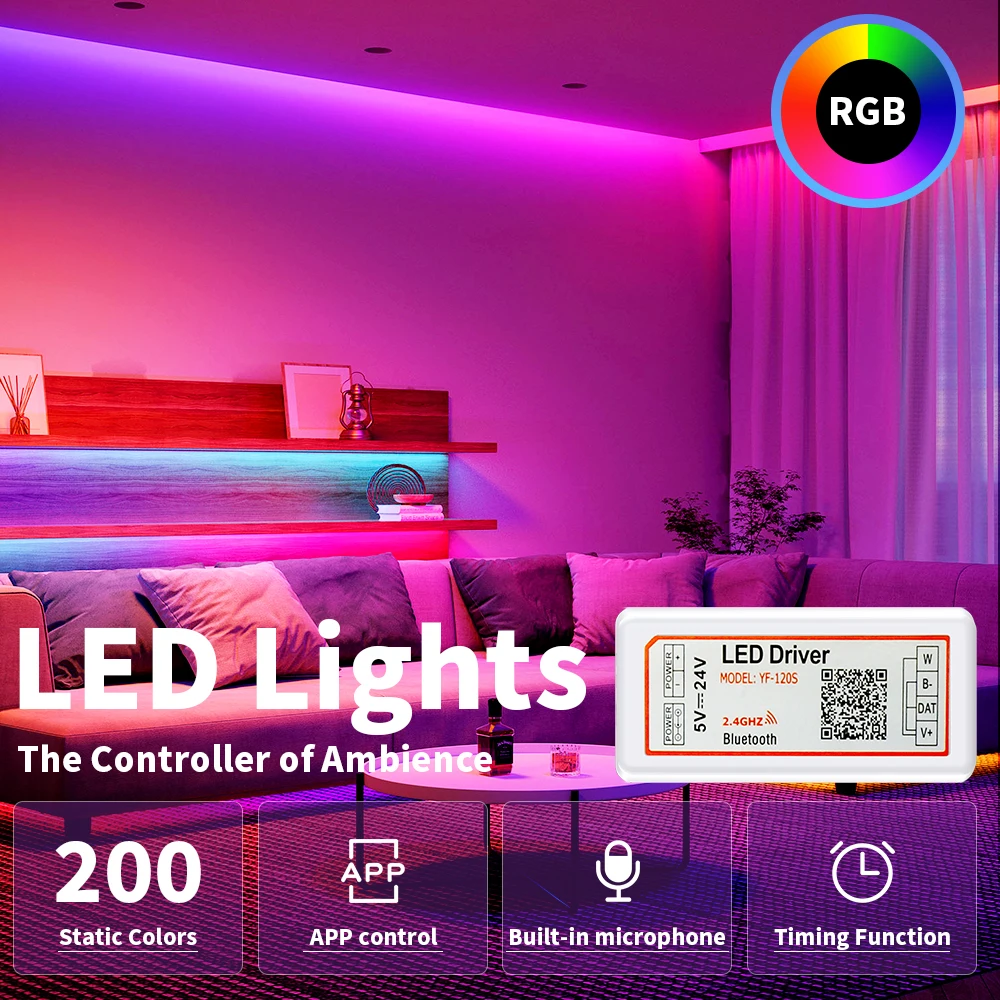 WS2812B WS2811 WS2815 RGB Music LED Controller 3Pin Strip Driver And 2Pin Single Color LED Dimmer Bluetooth APP Control‌ 5-24V