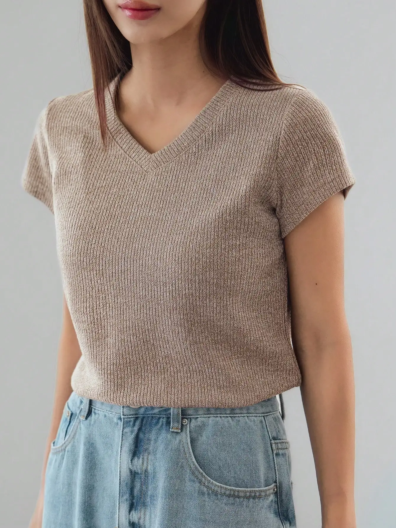 

Women's V-Neck Short Sleeve Knitted Top, Casual Business Summer T-Shirt