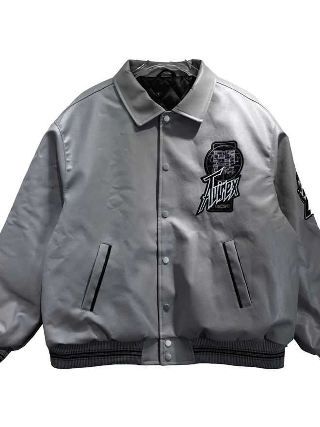 

Retro Motorcycle PU Leather Jaet Loose Fit Embroidered Outerwear ex Off-Road Baseball Sle Windproof Coat Jaet