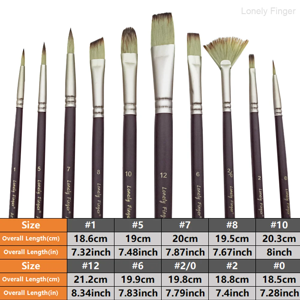 10Pcs Mixed Nylon Paint Brushes Brown Wood Handle Fan Round Flat Tips For Watercolor Acrylic Oil Gouache Beginner Artist Drawing