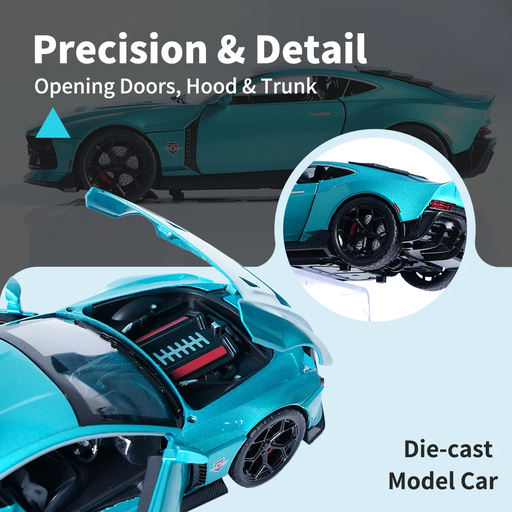 1:22 Scale Blue Alloy Car Model Toy (Batteries Sold Separately), with Pull-Back Action and Sound and Light Effects, 4 Doors Openable, Suitable for Car Enthusiasts to Play with | Collection | Display, for Home Use | Desktop | Party Decorations, Boy | Ideal Birthday Gift for Men, Best Gift Choice for Holidays (Christmas, Halloween)