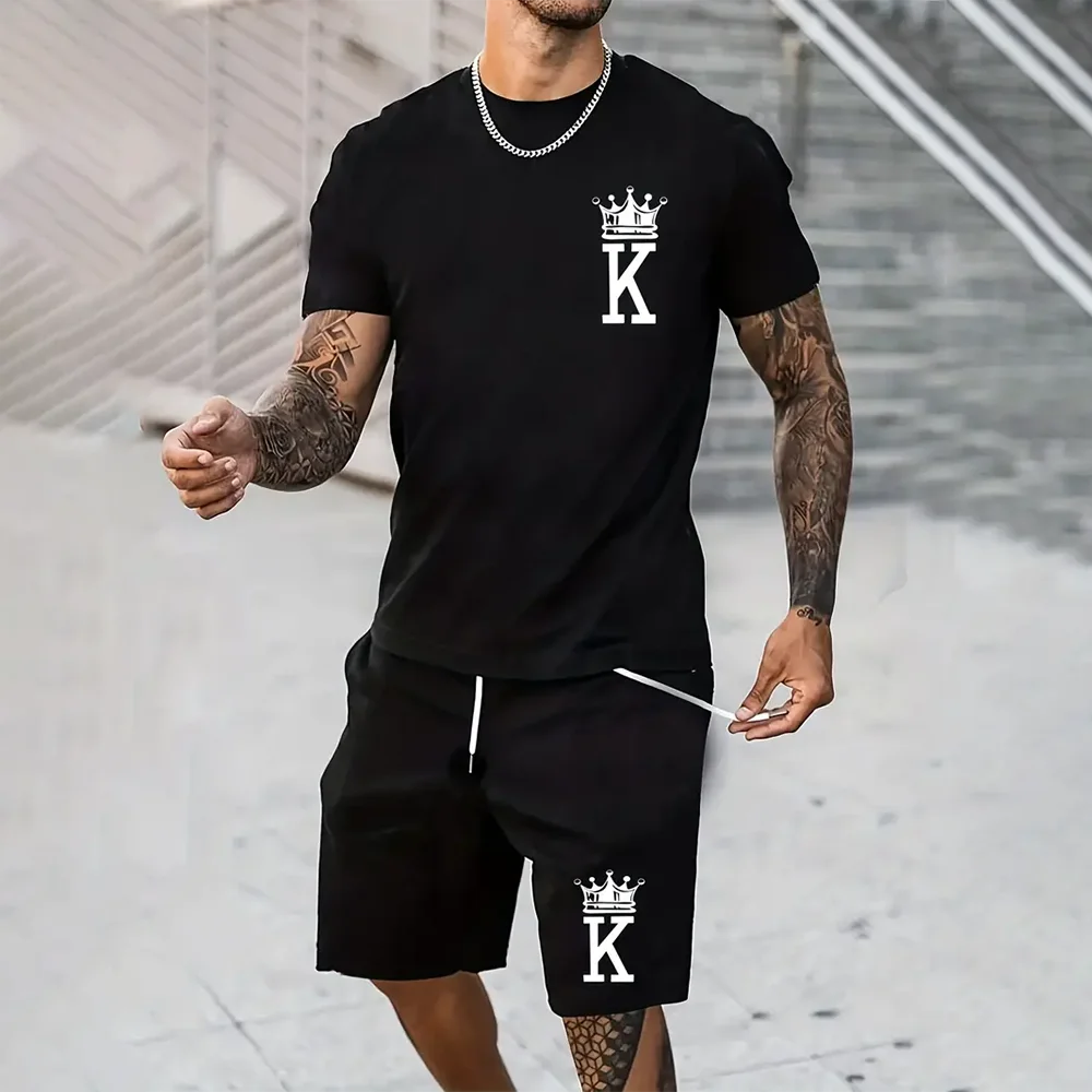 Summer Men\'s O Neck T-Shirt Set 3d Spades K Letter Printed Black Short-Sleeved Tops With Shorts Sportswear Fashion 2-Piece Sets