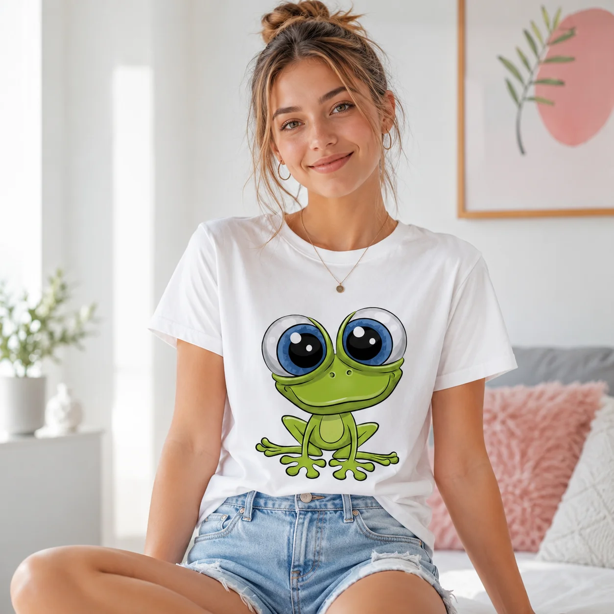 Women's Cute Cartoon Big Eyes Frog Pattern T-shirt Soft Cotton Round Neck Short Sleeve Casual Animal Printed Basic T-shirt