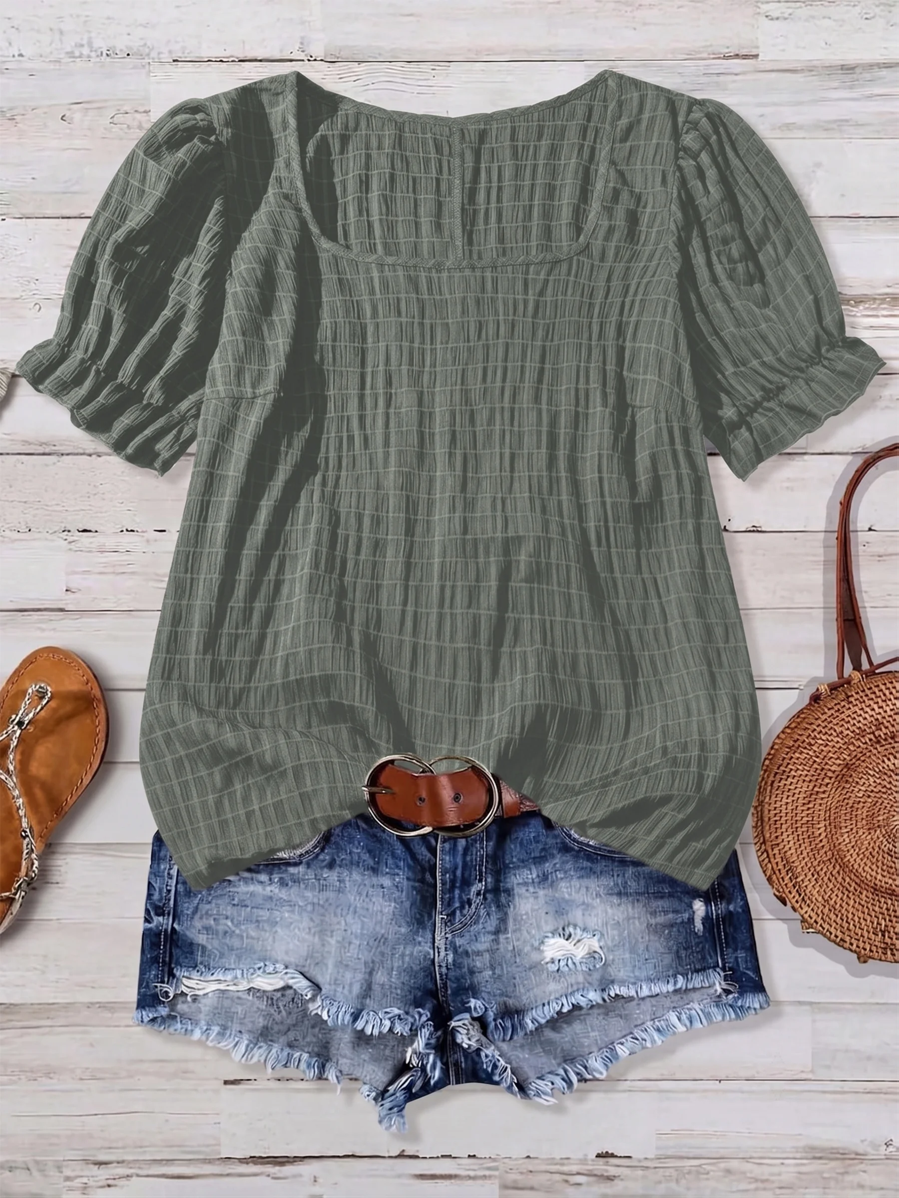 Elegantes Plus-Size-Oberteil für Damen mit eckigem Ausschnitt und Puffärmeln für einen schicken Casual-Stil. – Detail 6