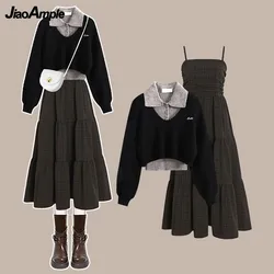 2026 Women's Spring Autumn New Knit Sweater+POLO Vest+Retro Plaid Strap Skirt 3-Piece Suit Lady Elegant Dress Matching Set