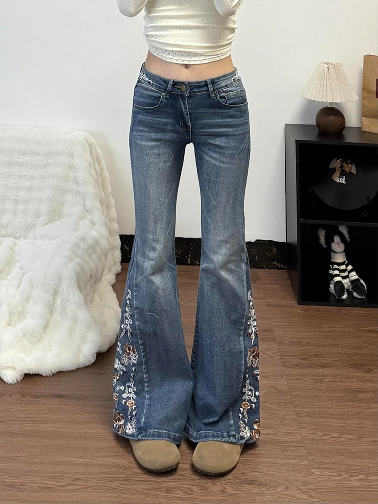 

Retro American Heavy Embroidery Denim Low Waist Women's Slimming Flared Pants Dragging Pants Sexy Girl Design Jeans