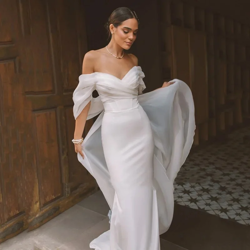 

MD Modern Soft Stain Mermaid Customized Bride Wedding Gowns Off Shoulder Long Tail Bridal Dresses Pleat Vestidos De Novia 2025