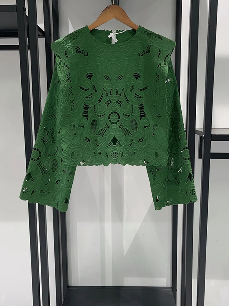 

Retro Style Long Sleeve Lace Hollow out Heavy Embroidery Shirt Fake Two-Piece Top for Women Spring 2026 Cotton Linen Blend