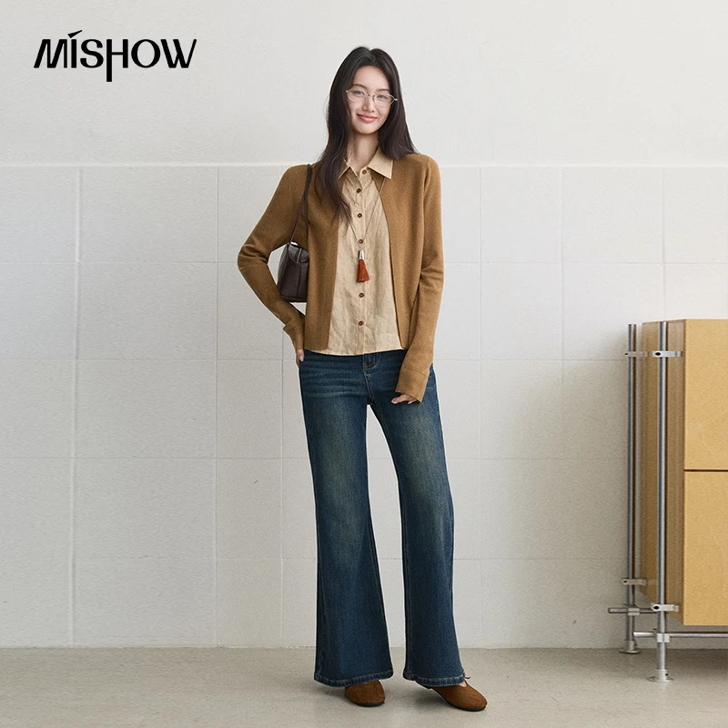 MISHOW Vintage Washed Flare Jeans 2026 Autumn High Waist Cotton Blend Denim Pants Retro Embroidery Pocket Trousers MXF48K2779