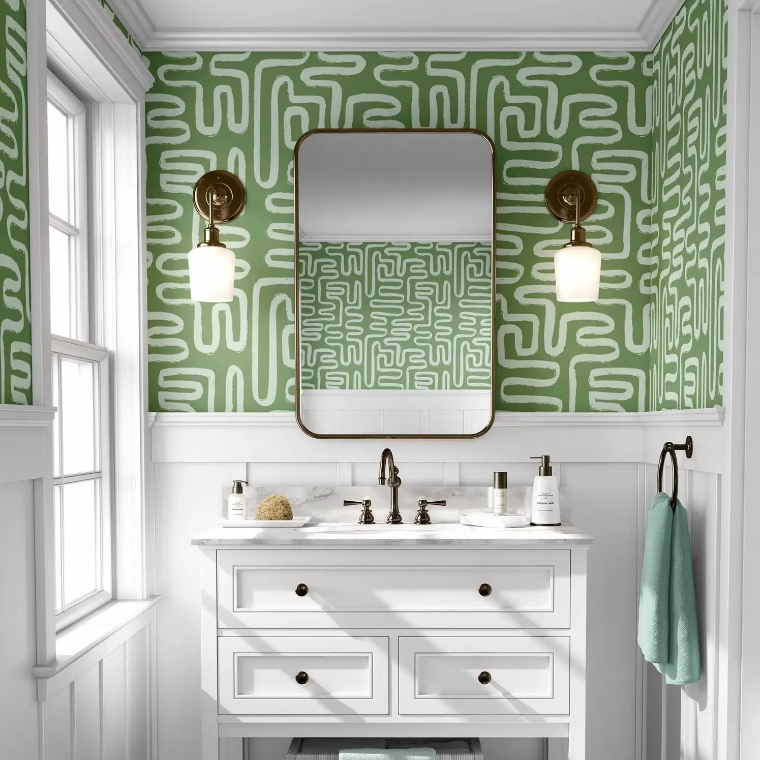 Green Abstract Peel and Stick Wallpaper, Geometric Wall Mural For Accent Wall /Bathroom Decoration, Self-adhesive Or Traditional