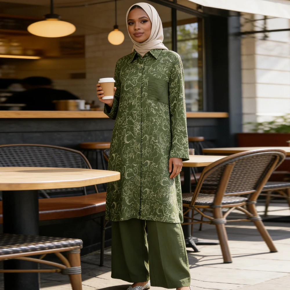 

Комплект из 2 предметов: мусульманский женский наряд с принтом для Ид, свободные длинные топы и широкие брюки в стиле Ближнего Востока, исламская одежда для женщин