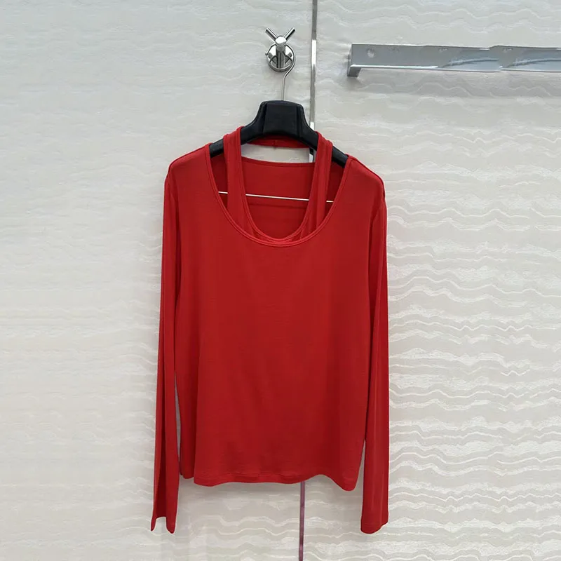 

Женский шерстяной жилет с круглым вырезом, комплект из двух предметов, стильная повседневная футболка с длинными рукавами, высококачественный топ, осенний сезон, Новое поступление 2025, y2k