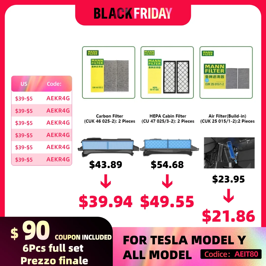 Para Tesla Model Y Model 3 EV HEPA Kit de filtro de cabina de carbono filtro MANN CUK25015/21-2 CUK46025/1-2 CU47025/3-2 filtro de aire incorporado