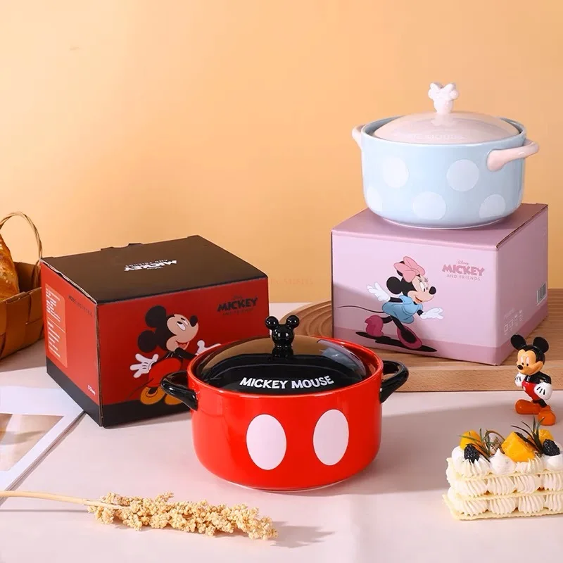 2023 New Disney Animation Mickey Mouse Minnie Noodle Bowl With Cover Ceramic Binaural Household Bowl Large Capacity Cute Cutlery