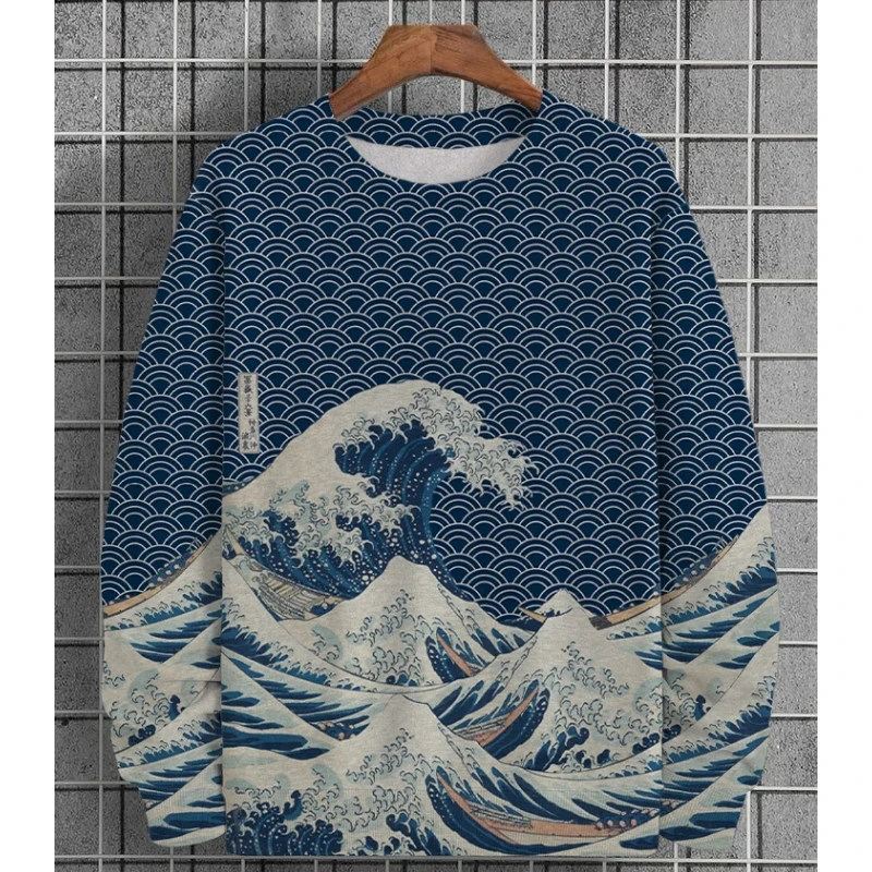 Vintage Men‘S Sweatshirts 3d Print Ukiyo-E Sea Wave Hoodies Pullover Autumn Long Sleeve T-Shirt Oversized Sweatshirt Men Clothes