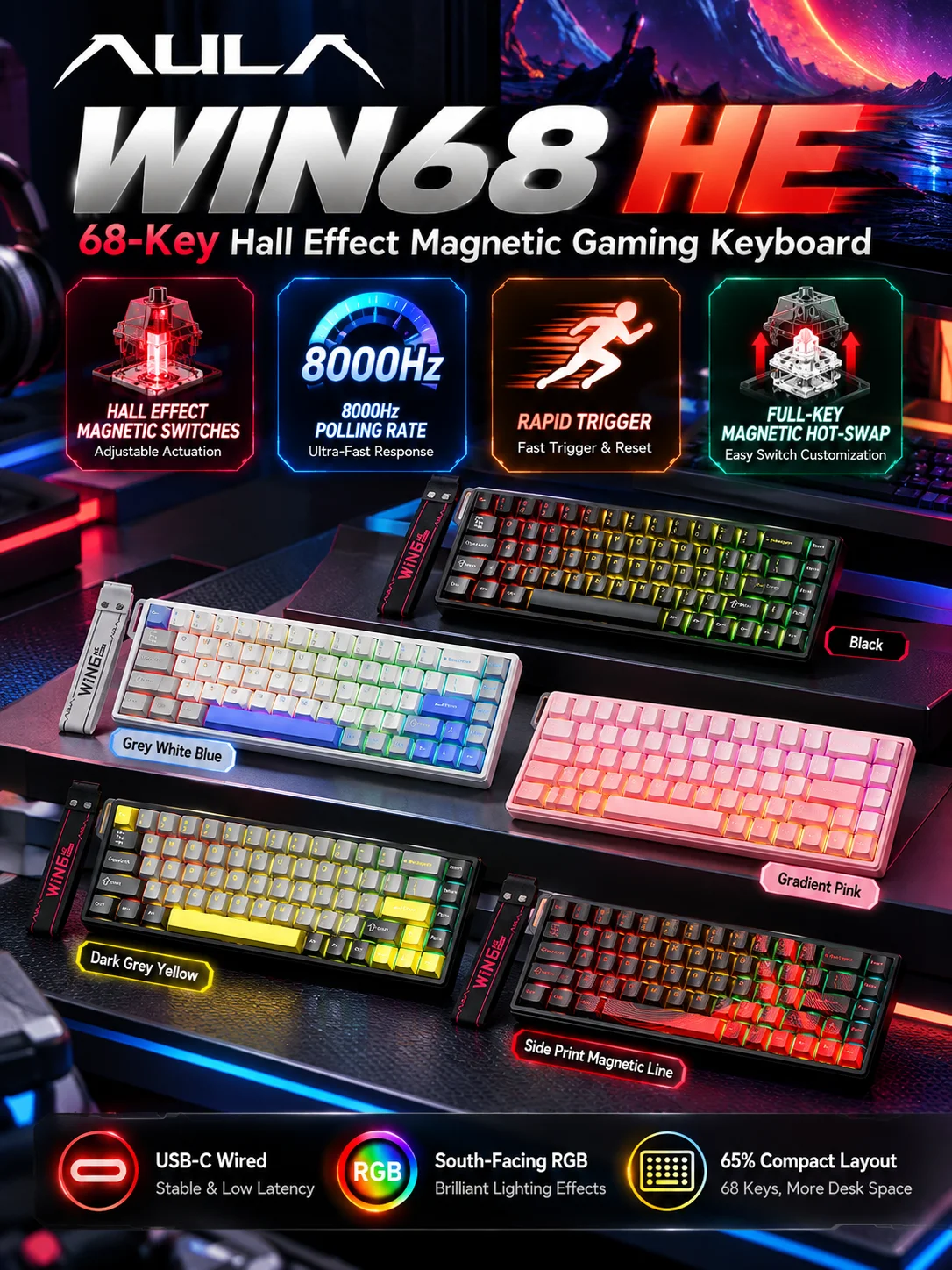 AULA WIN68 HE Magnetic Gaming Keyboard 68 Keys Hall Effect 8000Hz RGB Wired Rapid Trigger Hot Swappable