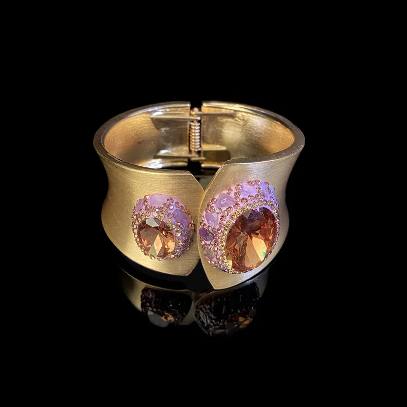 Large Double Sudan Stone Open Bangle Golden Sultanite Color Changed Quartz Crystal Cuff Bracelet for Women Genstone Jewelry