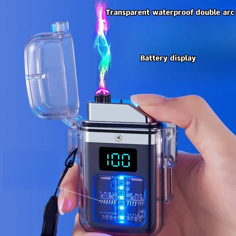 Outdoor Lighting Waterproof Electric Arc Lighter Transparent Shell USB Rechargeable LED Power Display Easy to Portable