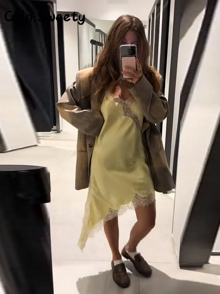 

Fashion Tie Dye Jacket Butter Sling Dresses Sets Women Satin Asymmetric Lace Dress One Button Blazer 2025 Summer Chic Outfits