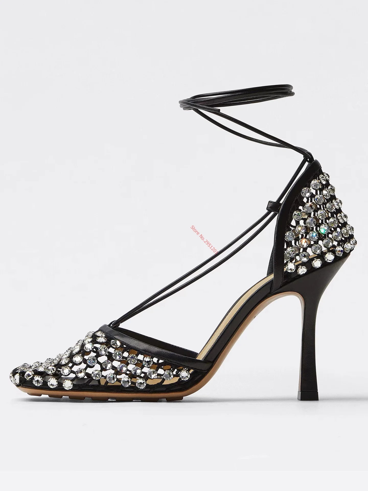 Sandals Hollow Mesh Heels women\'s Shoes Summer 2023 Trend Black Lace-Up Crystal Sandal Green Stilettos Rhinestone Sandals