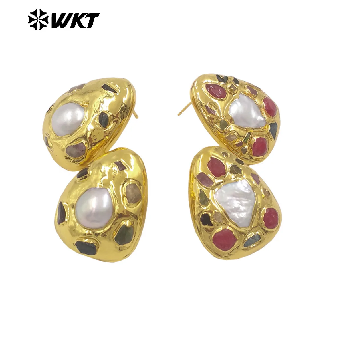 

WT-MPE165 Винтажный стиль, оптовая продажа, женские ювелирные изделия, великолепные позолоченные маленькие серьги с турмалином вокруг жемчуга, разноцветные серьги