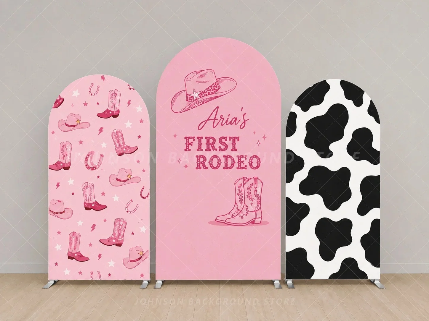 Custom Cowgirl Pink First Rodeo Birthday Arch Backdrop Cover Cowboy Boots Hat Cow Print Three Panel Western Girls Background