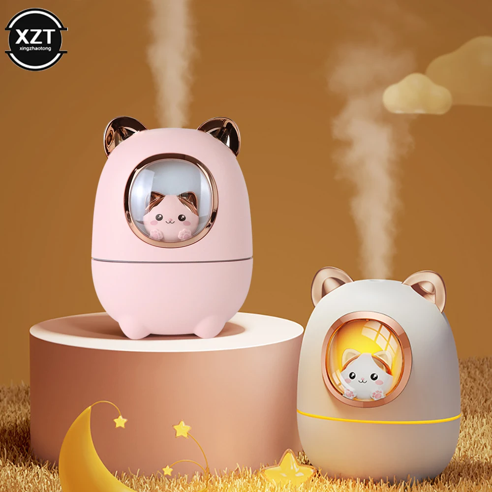 Cartoon Cat Humidifier Cute Style Essential Oil Diffuser with Night Light Desktop Silent Recharging Cooler for Home Car Office