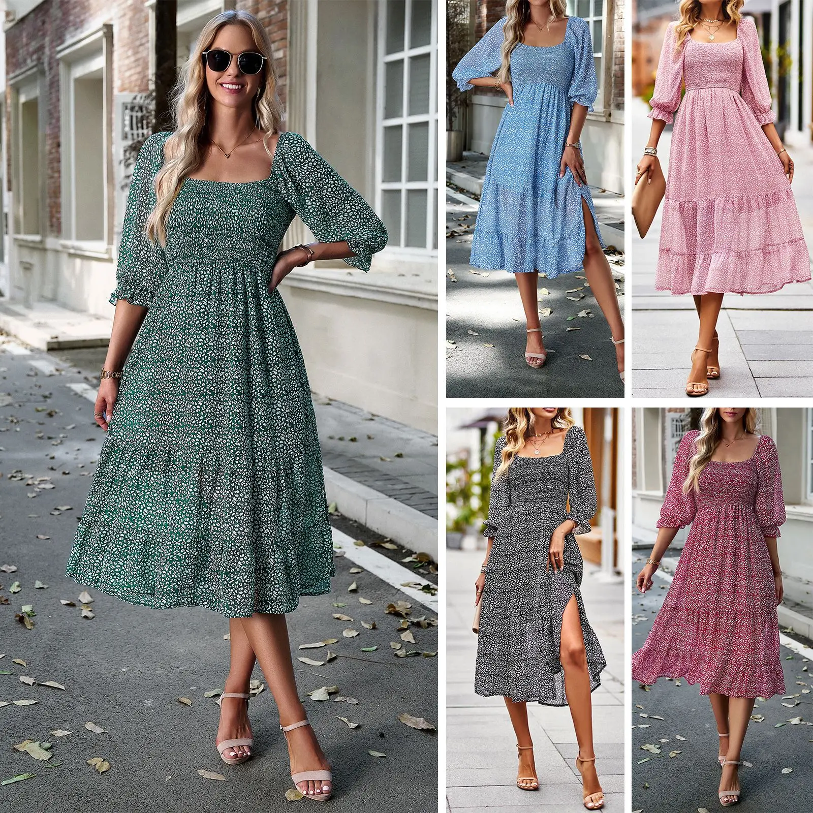 

Women's 2025 Spring And Summer Temperament Square Collar Seven-quarter Sleeve Long Dress New