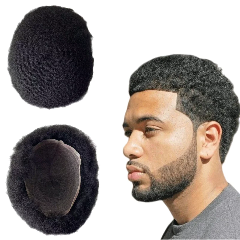 

Peruvian Virgin Human Hair Hairpieces Kinky Curl #1 color 4mm Wave Toupee 8x10 Full Lace Unit for Black Man
