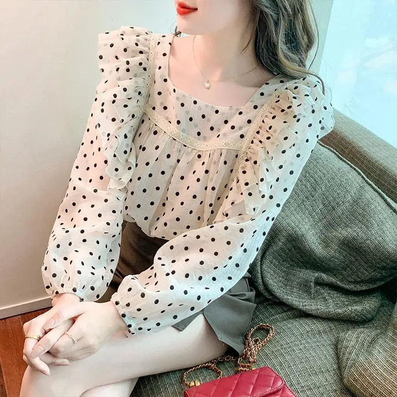 Blus wanita Polka Dot, atasan sifon berlipat, perca, lengan panjang, musim semi, baru