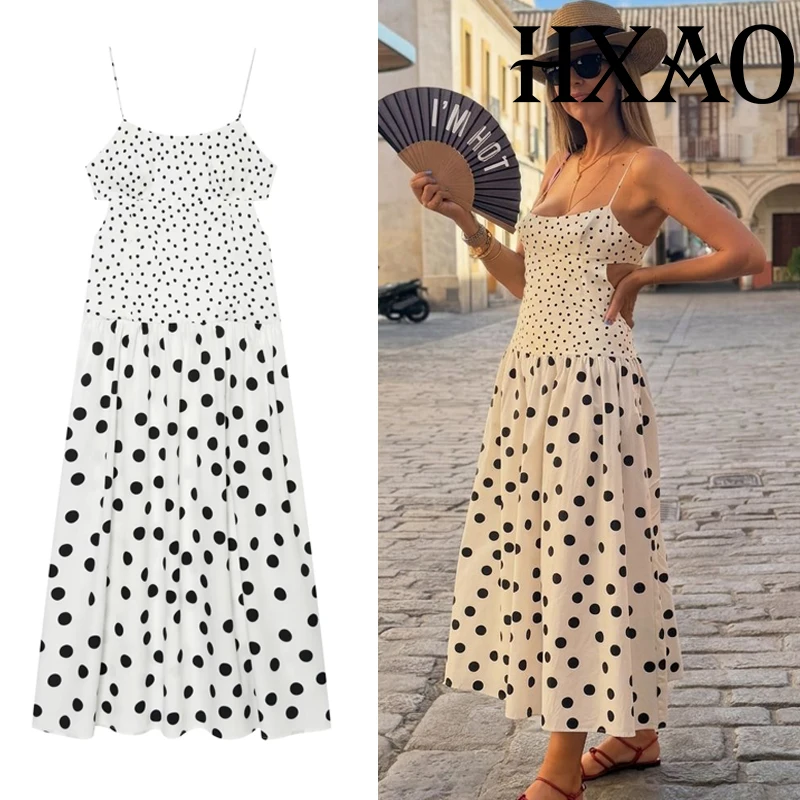 HXAO 2026 Polka-Dot-Kleider für Damen, ärmellose Partykleider, Sommer-Sonnenkleid mit Cut-Out-Rücken, langes Strandkleid